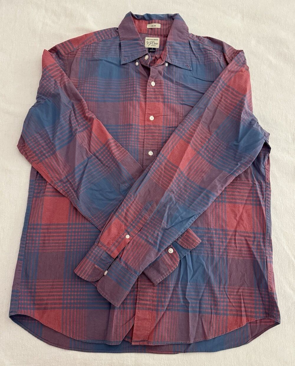 J.Crew Secret Wash Shirting Mens L Slim Fit Woven Cotton Stretch Plaid Blue Red